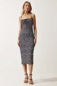 Happiness İstanbul Women's Black and White Floral Slit Summer Knitted Dress CI00029 - Image 2