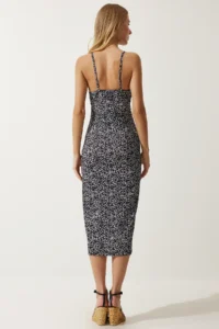 Happiness İstanbul Women's Black and White Floral Slit Summer Knitted Dress CI00029 - Image 5