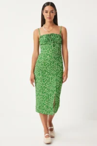 Happiness İstanbul Women's Vivid Green and White Floral Slit Summer Knitted Dress CI00029