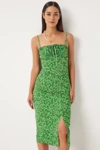 Happiness İstanbul Women's Vivid Green and White Floral Slit Summer Knitted Dress CI00029 - Image 2