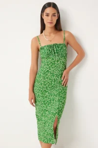 Happiness İstanbul Women's Vivid Green and White Floral Slit Summer Knitted Dress CI00029 - Image 3