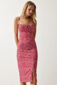 Happiness İstanbul Women's Vivid Pink Floral Slit Summer Knitted Dress CI00029 - Image 2