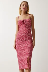 Happiness İstanbul Women's Vivid Pink Floral Slit Summer Knitted Dress CI00029 - Image 3