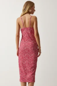 Happiness İstanbul Women's Vivid Pink Floral Slit Summer Knitted Dress CI00029 - Image 5