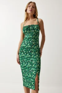 Happiness İstanbul Women's Green Yellow Floral Slit Summer Knitted Dress CI00029 - Image 2
