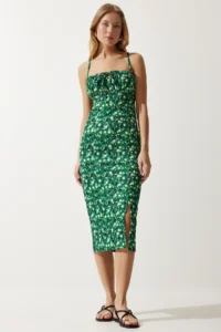 Happiness İstanbul Women's Green Yellow Floral Slit Summer Knitted Dress CI00029 - Image 3