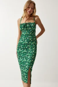 Happiness İstanbul Women's Green Yellow Floral Slit Summer Knitted Dress CI00029 - Image 4