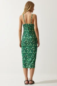 Happiness İstanbul Women's Green Yellow Floral Slit Summer Knitted Dress CI00029 - Image 6