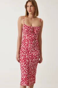 Happiness İstanbul Women's Dark Pink Floral Slit Summer Knitted Dress CI00029 - Image 2