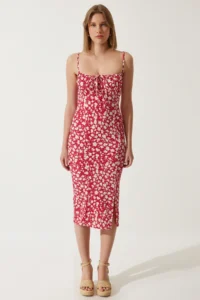 Happiness İstanbul Women's Dark Pink Floral Slit Summer Knitted Dress CI00029 - Image 3