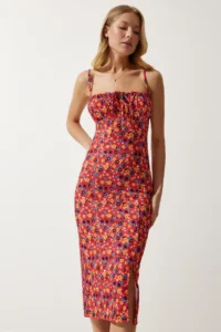 Happiness İstanbul Women's Dark Pink Orange Floral Slit Summer Knitted Dress CI00029 - Image 2