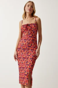 Happiness İstanbul Women's Dark Pink Orange Floral Slit Summer Knitted Dress CI00029 - Image 3