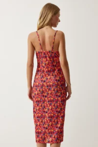 Happiness İstanbul Women's Dark Pink Orange Floral Slit Summer Knitted Dress CI00029 - Image 5