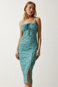 Happiness İstanbul Women's Petrol Green White Floral Slit Summer Knitted Dress CI00029