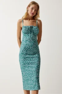 Happiness İstanbul Women's Petrol Green White Floral Slit Summer Knitted Dress CI00029 - Image 2