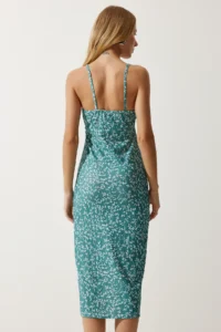 Happiness İstanbul Women's Petrol Green White Floral Slit Summer Knitted Dress CI00029 - Image 4