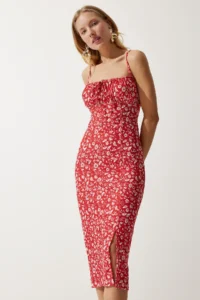 Happiness İstanbul Women's White Red Floral Slit Summer Knitted Dress CI00029 - Image 2