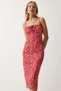 Happiness İstanbul Women's White Red Floral Slit Summer Knitted Dress CI00029 - Image 3