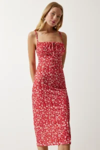 Happiness İstanbul Women's White Red Floral Slit Summer Knitted Dress CI00029 - Image 4