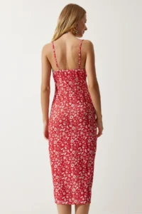 Happiness İstanbul Women's White Red Floral Slit Summer Knitted Dress CI00029 - Image 6