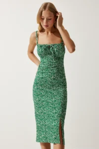 Happiness İstanbul Women's Dark Green White Floral Slit Summer Knitted Dress CI00029
