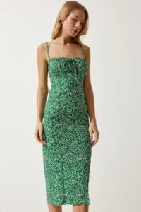 Happiness İstanbul Women's Dark Green White Floral Slit Summer Knitted Dress CI00029 - Image 2