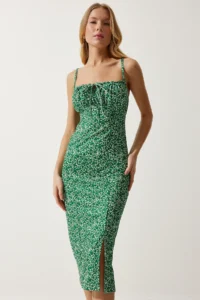 Happiness İstanbul Women's Dark Green White Floral Slit Summer Knitted Dress CI00029 - Image 3