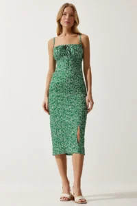 Happiness İstanbul Women's Dark Green White Floral Slit Summer Knitted Dress CI00029 - Image 4