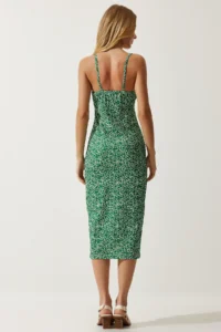 Happiness İstanbul Women's Dark Green White Floral Slit Summer Knitted Dress CI00029 - Image 6