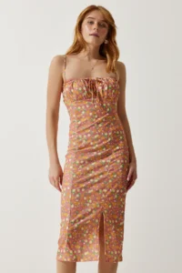 Happiness İstanbul Women's Orange Pink Floral Slit Summer Knitted Dress CI00029 - Image 2