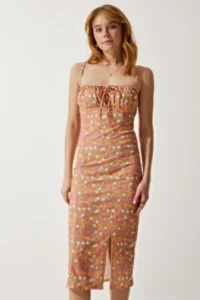 Happiness İstanbul Women's Orange Pink Floral Slit Summer Knitted Dress CI00029 - Image 3