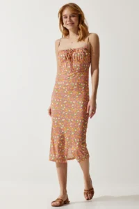Happiness İstanbul Women's Orange Pink Floral Slit Summer Knitted Dress CI00029 - Image 4