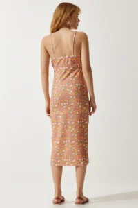 Happiness İstanbul Women's Orange Pink Floral Slit Summer Knitted Dress CI00029 - Image 6