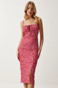 Happiness İstanbul Women's Dark Pink White Floral Slit Summer Knitted Dress CI00029