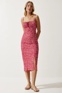Happiness İstanbul Women's Dark Pink White Floral Slit Summer Knitted Dress CI00029 - Image 3