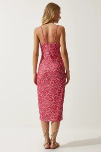 Happiness İstanbul Women's Dark Pink White Floral Slit Summer Knitted Dress CI00029 - Image 6