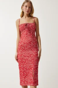 Happiness İstanbul Women's Red and White Floral Slit Summer Knitted Dress CI00029