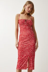 Happiness İstanbul Women's Red and White Floral Slit Summer Knitted Dress CI00029 - Image 2