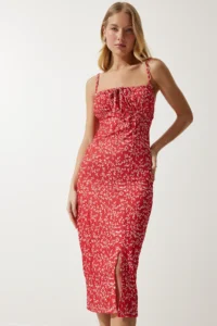 Happiness İstanbul Women's Red and White Floral Slit Summer Knitted Dress CI00029 - Image 3