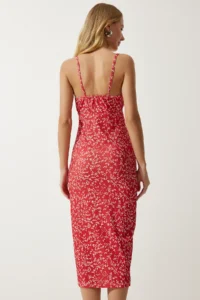 Happiness İstanbul Women's Red and White Floral Slit Summer Knitted Dress CI00029 - Image 6
