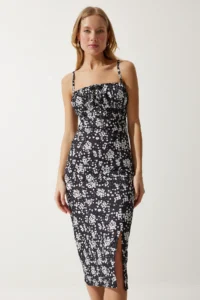 Happiness İstanbul Women's White Black Floral Slit Summer Knitted Dress CI00029 - Image 2