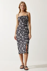 Happiness İstanbul Women's White Black Floral Slit Summer Knitted Dress CI00029 - Image 3