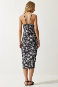 Happiness İstanbul Women's White Black Floral Slit Summer Knitted Dress CI00029 - Image 5
