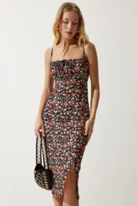 Happiness İstanbul Women's Black Orange Floral Slit Summer Knitted Dress CI00029