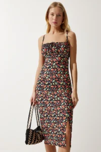 Happiness İstanbul Women's Black Orange Floral Slit Summer Knitted Dress CI00029 - Image 2