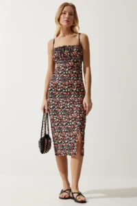 Happiness İstanbul Women's Black Orange Floral Slit Summer Knitted Dress CI00029 - Image 3