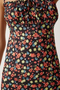 Happiness İstanbul Women's Black Orange Floral Slit Summer Knitted Dress CI00029 - Image 4