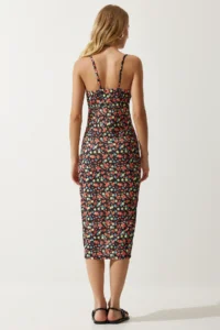 Happiness İstanbul Women's Black Orange Floral Slit Summer Knitted Dress CI00029 - Image 5