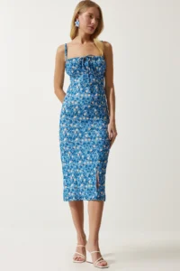 Happiness İstanbul Women's Light Blue Black Floral Slit Summer Knitted Dress CI00029 - Image 2