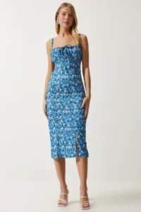Happiness İstanbul Women's Light Blue Black Floral Slit Summer Knitted Dress CI00029 - Image 3